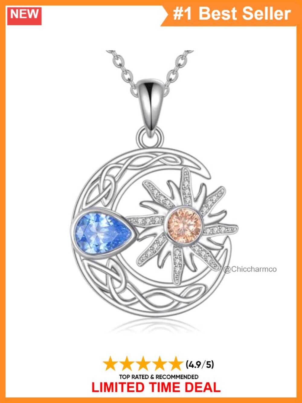 925 Sterling Silver Sun Moon Celtic Knot Pendant Necklace